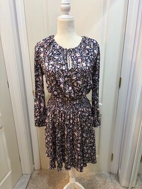 J. Crew Navy and Light Pink Floral Long-Sleeve Smocked Waist Dress